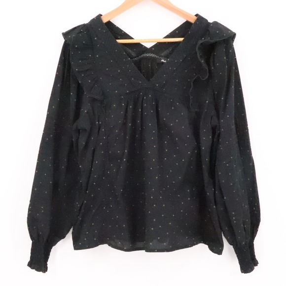 Madewell Tops - Madewell Polka Dot Ruffle Top Womens Peasant Boho Dark Romantic Office Size L